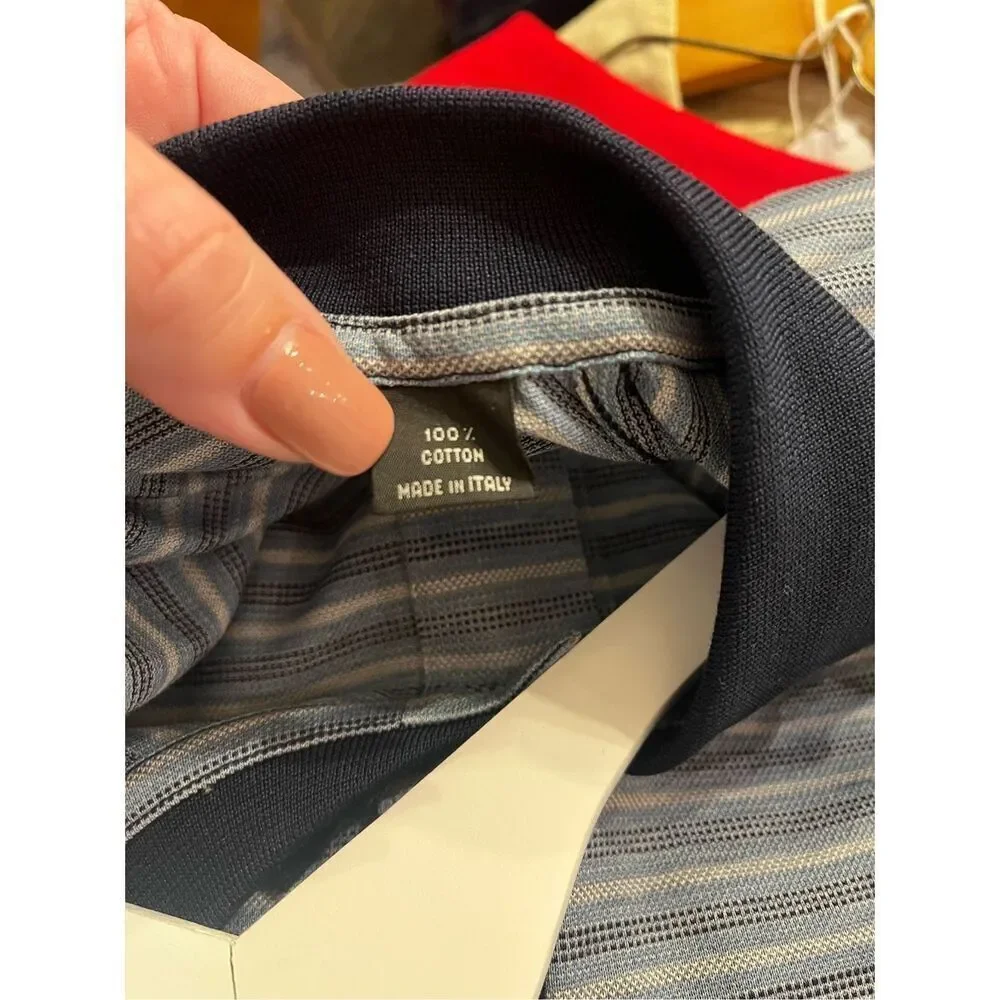 Hickey Freeman Blue & Gray Stripe Polo Shirt sz L NWOT